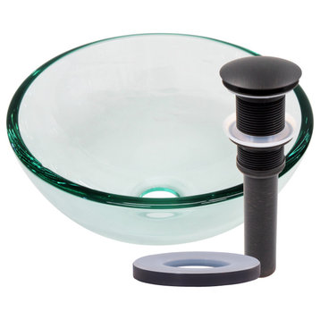 Bonificare Clear Mini 12" Glass Vessel Bathroom Sink with Drain, Oil Rubbed Bronze