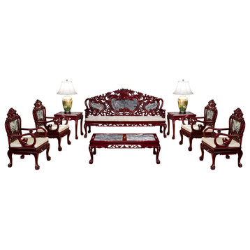 8pc Cherry Rosewood Living Room Set with Marble Inlay - FREE Inside Delivery