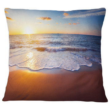 Stunning Blue Waves and Brown Sand Beach Photo Throw Pillow, 18"x18"