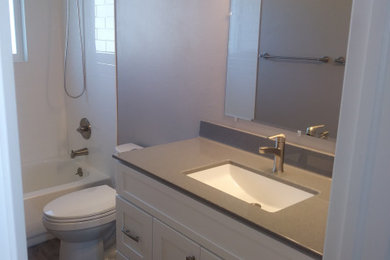 Bathroom photo in Denver with a one-piece toilet and an integrated sink
