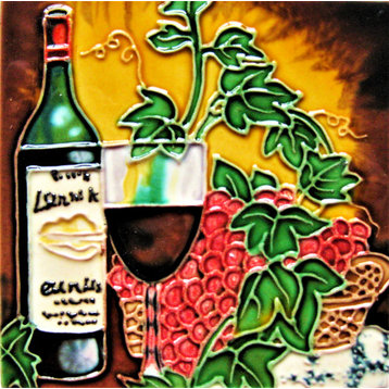 4x4" Dark Wine Set With Red Grapes Art Tile Ceramic Drink Holder Coaster