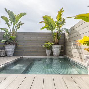 Modern inredning av en takterass, rektangulär träningspool, med trädäck