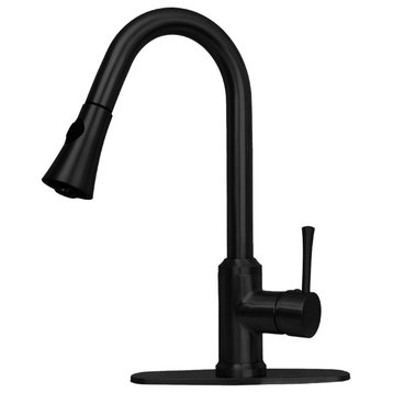 Copper Pull Down Kitchen Faucet With Deck Plate, Single Level Brass Sink Faucets, Matte Black