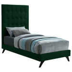 Meridian Furniture - Elly Velvet Upholstered Bed, Green, Twin - Crawl into this cozy Elly green velvet twin size bed for a restful night's sleep. The deep button tufting on its tall headboard provides a soft, pillowy surface to lean against for nighttime reading or watching TV. Supported by angled wood legs with an espresso finish, the side rails and footboard are also comfortably padded and upholstered. Contemporary styling ensures that this bed will integrate nicely into any existing decor.