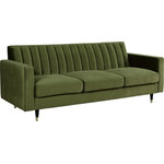 Meridian Furniture - Lola Velvet Upholstered Sofa, Olive - Cozy up to the comfort of this Lola Olive Green Velvet Sofa. Its rich color adds a jolt of excitement and fun to your space, shaking things up in a neutral-colored room. The back is channel tufted for a beautiful, contemporary look and to help the back cushioning maintain its welcoming loft. Elegant slant-tipped black legs with gold tips lend this sofa a charmingly modern finish and provide a sturdy foundation. Add it on its own, or add the matching loveseat and chair for a coordinated look.
