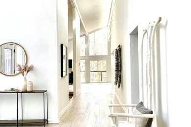 Modelo de recibidores y pasillos minimalistas con paredes blancas y suelo de madera clara