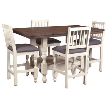 60" Dining Table Set Pub High Top Seating 4 Stools -White and Brown Solid Wood