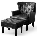 Glitzhome - Set of 2 Accent Chair and Accent Stool, Black - This beautiful set of faux leather chairs and stools will definitely turn heads in your home. With its stylish nailhead accents on the sides and a classy button tufted design, the entire combination exudes an air of elegance and sophistication. The sturdy rubberwood legs not only provide durability but also add a touch of lasting charm. The premium faux leather upholstery ensures both comfort and easy maintenance. Its versatile design makes it suitable for a variety of spaces, from larger living rooms to smaller apartments or cozy reading nooks.    1.Button-tufted design combines nail head trim bringing vintage charm                2.Perfect match with our accent chairs