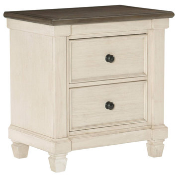 Rustic Nightstand, Coffee Finished Top & Drawers With Round Knobs, Antique White