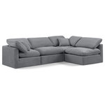 Meridian Furniture - Indulge Upholstered Modular L-Shaped Sectional, Grey, 4-Piece: 2 Armless Chair, 2 Corner Chair, Down Stuffed Velvet - Experience ultimate comfort and style with our grey velvet Indulge Sectional. The luxurious velvet will elevate the aesthetic of any room. This sofa provides ample space for you to relax while its modular build offers the option of unlimited configurations. Whether you're looking to add a stylish element to your living room or a comfortable seating option to your bedroom, this sofa is the perfect choice.