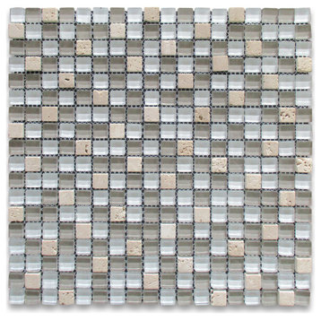 Glass Mosaic Tile White Gray Glass Beige Travertine 5/8" Backsplashes, 1 sheet