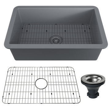 32in Undermount Single Bowl Fireclay Kitchen Sink with Grid and Drainer, Matte Gray