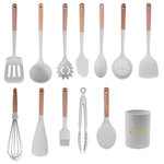 Mega Casa - White 13 -Piece Silicone Assorted Kitchen Utensil Set with Utensil Crock, White - No More Waste Of Money - These kitchen utensil sets include 9 cooking tools and 3 baking tools. A large utensil holder. Buy it at one time and get what you need in the kitchen. No more waste of money. Deep Soup Ladle, Solid Serving Spoon, Slotted Spoon, Flexible Spatula, Round Spatula, Pasta Server, Slotted Turner, etc. These silicone kitchen utensils perfectly protect the surface of the non-stick pan from scratches.