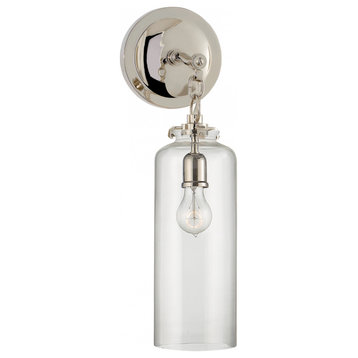 Bathroom Wall Sconce, 1-Light Cylinder, Polished Nickel, Clear Glass, 16.25"H