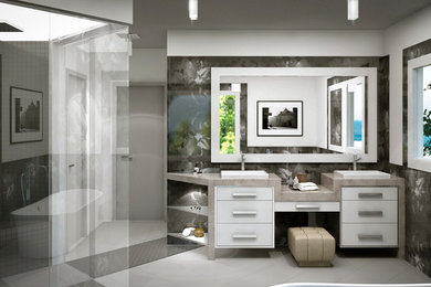 Example of a mid-sized trendy master bathroom design in Toronto with furniture-like cabinets, quartzite countertops and a pedestal sink