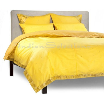 Yellow-5 Piece Handmade Sari Duvet Cover Set with Pillow Covers  Euro Sham-King