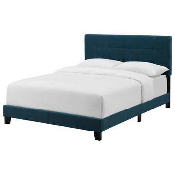 Contemporary Modern Twin Size Bed Frame, Fabric, Navy Blue, Box Spring Required