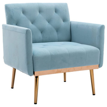 Comfortable Armchair, Tapered Legs With Tufted Cushioned Seat & Back, Blue