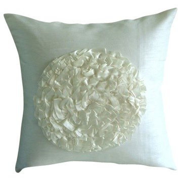 Ruffle Flower 16"x16" Art Silk Ivory Decorative Pillow Cover, Vintageous