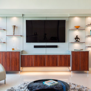 Photo of a medium sized modern open plan home cinema in Orlando with grey walls, ceramic flooring and a wall mounted tv.