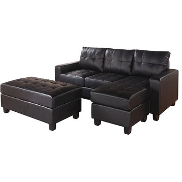 Reversible Sectional Sofa With Ottoman, Tufted Bonded Leather Upholstery, Black
