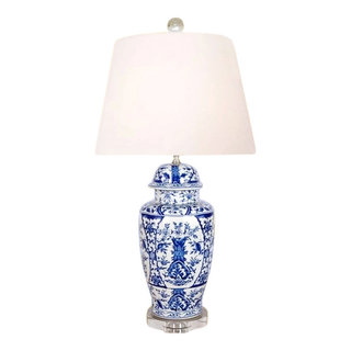 Blue and White Porcelain Temple Jar Floral Chinoiserie Table Lamp