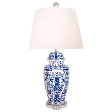 Blue and White Porcelain Temple Jar Floral Chinoiserie Table Lamp 30"