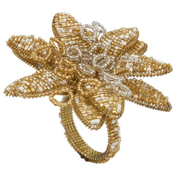 Flower Design Beaded Napkin Rings (Set of 4), Gold