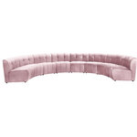 Meridian Furniture - Limitless Velvet Upholstered 8-Piece Modular Sectional, Pink - Invest in your home's comfort with this Limitless 8 Piece Sectional. This modular unit offers tons of flexibility in the number of ways that you can put each piece in the Limitless collection together to get the ideal customized look. Upholstered in pink velvet, this beautiful piece is soft and cool to the touch, so you can feel comfortable from every angle. Button and channel tufting add to this unit's upscale look and contemporary charm.