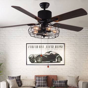 5-Lght Black Vintage Industrial Ceiling Fan with Remote, Reversible Blades, 52"
