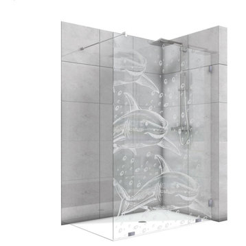 Frameless Fixed Shower Glass Panel with Frosted Shark Design, Non-Private, 27-1/2" X 75", Right Opening, Include Support Bar