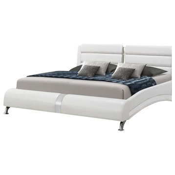 Bowery Hill Contemporary Faux Leather King Platform Bed in White and Chrome