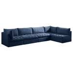 Meridian Furniture - Jacob Velvet Upholstered 5-Piece L-Shaped Modular Sectional, Navy - Create the ideal seating arrangement for your space when you pick and choose the elements you like mostincluding this Jacob velvet modular sectional. Mix and match items in the Jacob collection to bring your living space or family room together with a personalized slant. Soft navy velvet upholstery is soft and welcoming to the touch, adding a luxurious feel to everyday seating. Deep channel tufting adds to the piece's durability, and latches underneath the unit make it easy to attach to other pieces in the collection.