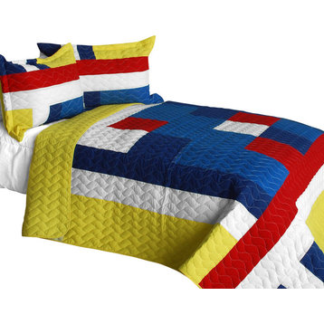 Marionnaud 3PC Cotton Vermicelli-Quilted Patchwork Geometric Quilt Set-Full/Quee