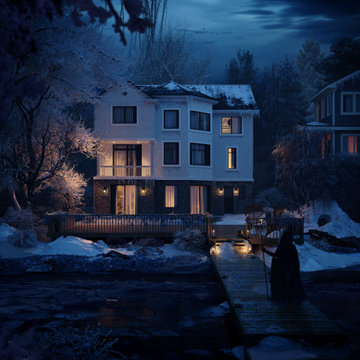 Atmospheric 3D exterior rendering of a luxury house near the lake