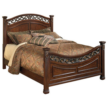 Aza Traditional Wood Queen Size Bed, Leaf Carvings, Rich Cherry Brown