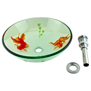 Tempered Glass Vessel Sink Koi Fish with Drain