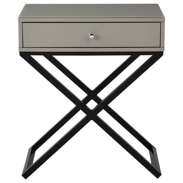 Koda Wooden Side Table Nightstand, Glass Top, Drawer & Metal Base, Taupe