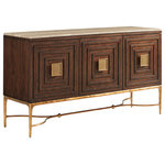 Lexington - Tiburon Sideboard With Stone Top - The 68-inch Tiburon sideboard makes a dramatic design statemen blending a tiger brown travertine top, statement hardware, and a hand-wrought artisan base, finished in gold burnished silver leaf. Behind the three architectural doors are three adjustable shelves offering exceptional storage.