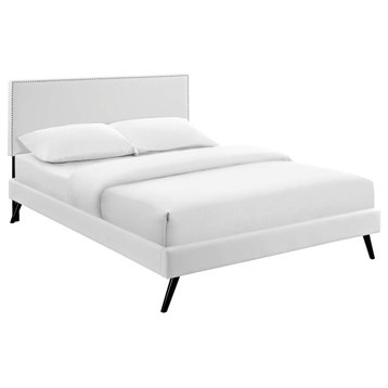 Macie King Faux Leather Platform Bed With Round Splayed Legs, White