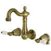 Wall Bathroom Faucet, Elegant White Porcelain Lever Handles, Antique Brass