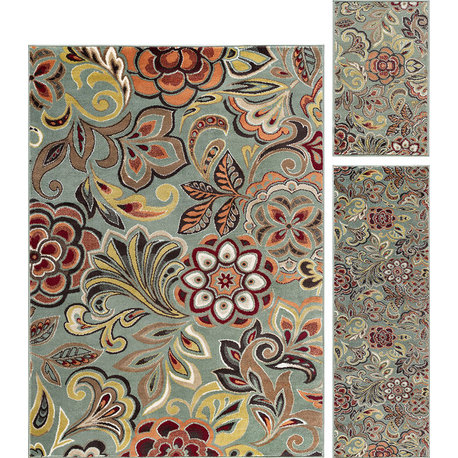 Dilek Transitional Floral Area Rug, Seafoam, 5' X 7', 20'' X 60'', 20'' X 32''