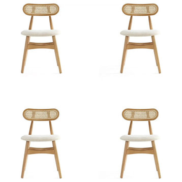 Set of 4 Patio Dining Chair, Cushioned Seat With Oval Natural Cane Back, Natural