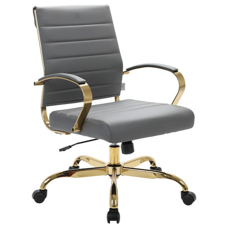 Leather Office Chair Mid-Back Design Swivel Tilt With Gold Base, Grey