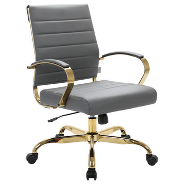 LeisureMod Benmar Mid-Back Swivel Leather Office Chair With Gold Base, Grey