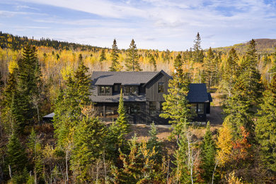 Inspiration for a modern black two-story board and batten house exterior remodel in Minneapolis with a shingle roof and a black roof