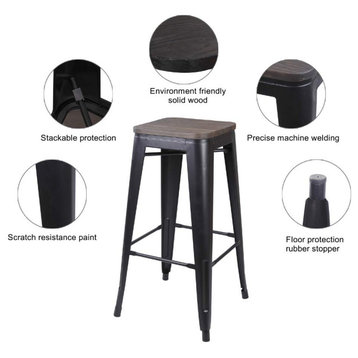 Metal Black Bar Stools With Wooden Seat, Set of 4