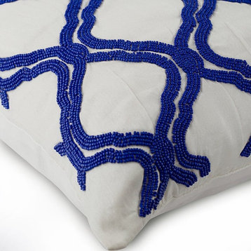 Lattice & Trellis Geometric Blue Linen 16"x16" Pillow Cover, Lattice Blues
