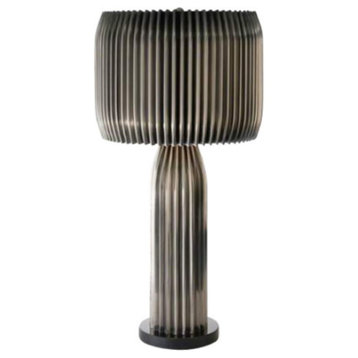 Luxe Round Pleated Silver Nickel Table Lamp, Metal Shade Granite Base