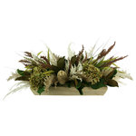 Creative Displays - Hydrangea Fall Arrangement with Pampas in a Wood Planter - Introducing the stunning Hydrangea Fall Arrangement with Pampas in a Wood Planter! This unique, handcrafted piece is sure to turn heads with its beautiful mix of colors and textures. This arrangement is made from high quality and durable materials such as magnolia leaves, beige banksia, green hydrangeas, faux pampas grass and brown wheat, all seamlessly placed in a brown wooden planter. Perfect for adding a touch of fall to your home or office space, the Hydrangea Fall Arrangement with Pampas in a Wood Planter is the perfect way to bring the beauty of nature indoors with no maintenance or watering necessary. Add this full of nature and color accent to any room and create a look that is sure to impress no matter the season!